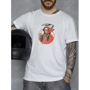 Tricou Death în roșu cu o coasă și un cocktail